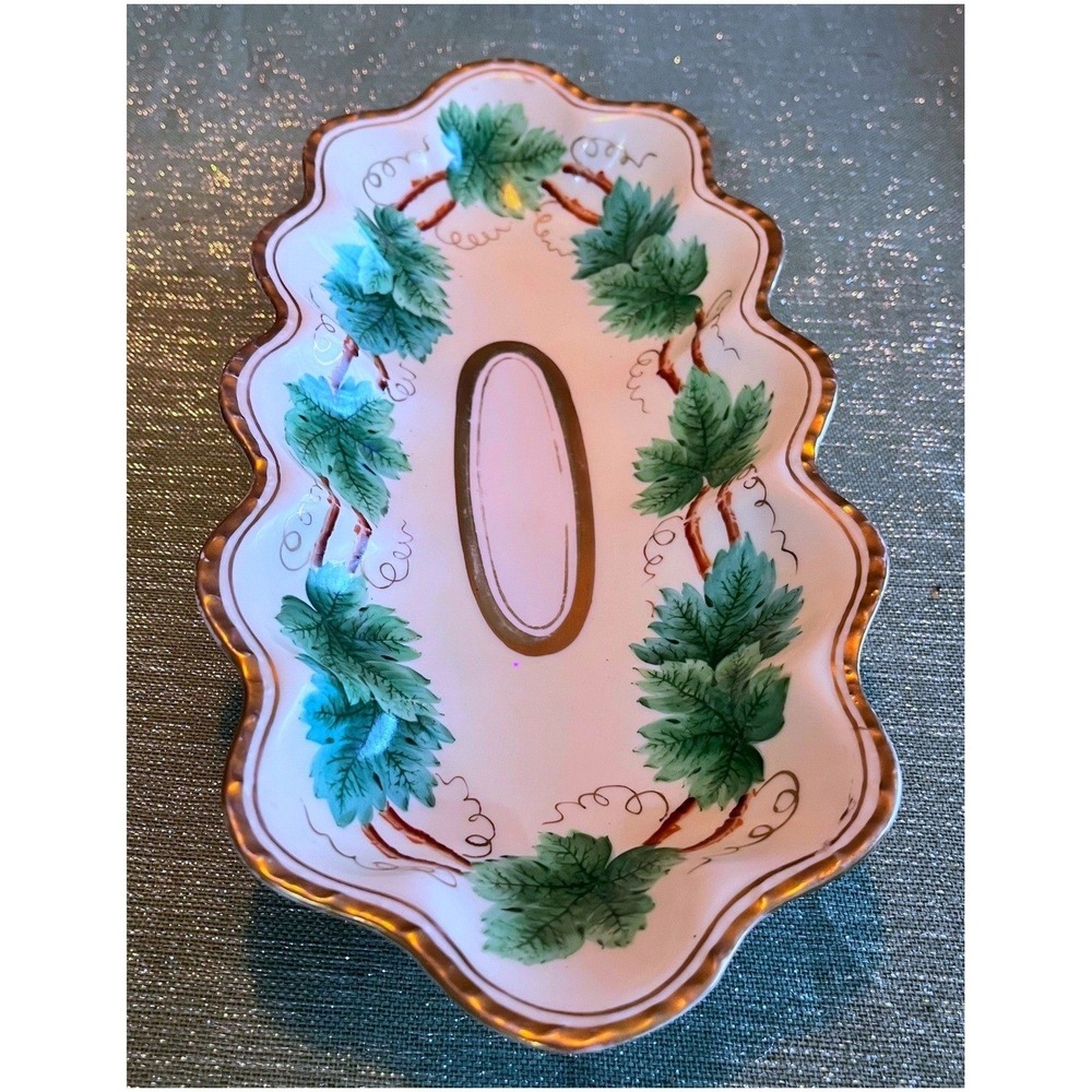 Vintage Hand Painted Porcelain Tray Grape Leaf Design Gold Trim Decorative Dish